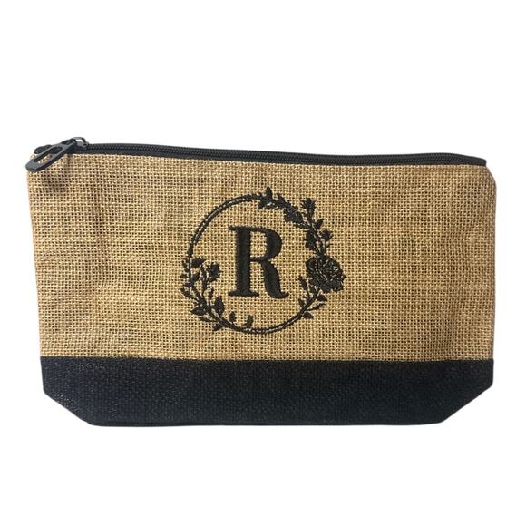 Personalized Monogram Jute Makeup Bag Letter R - Picture 1 of 6